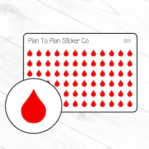 May include: A sheet of red blood drop stickers with the text "Plan To Plan Sticker Co." and "1201" printed on it.