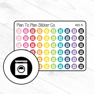 May include: A sheet of colorful stickers featuring a white outline of a washing machine. The stickers are arranged in a grid pattern and are labeled "Plan To Plan Sticker Co." and "1483-15".