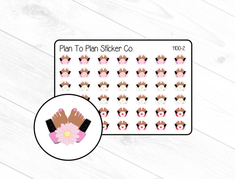May include: A sheet of stickers featuring a design of two bare feet with pink toenails and black ankle bracelets, wearing pink sandals with a white flower in the middle. The sheet is labeled "Plan To Plan Sticker Co." and "1100-2".
