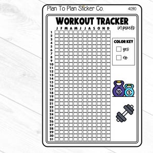 May include: A black and white printable workout tracker sticker with a grid for each month of the year. The sticker includes a color key with the words "yes" and "no" and two illustrations of dumbbells. The text "WORKOUT TRACKER in pixels" is at the top of the sticker.