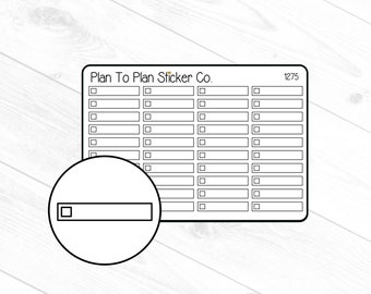 Può includere: Etichetta adesiva di controllo in bianco e nero con il testo "Plan To Plan Sticker Co." e il numero "1275". L'etichetta ha 18 caselle di controllo.