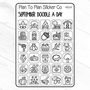 May include: A sticker sheet from Plan To Plan Sticker Co. featuring a grid of black and white doodle illustrations for September. Includes images of leaves, trees, a campfire, a barn, and other fall-themed icons.