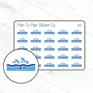 May include: A sheet of 24 blue and white stickers with the word "SWIM" and a wave design. The stickers are arranged in a grid pattern. The sheet is labelled "Plan To Plan Sticker Co." and "1385".