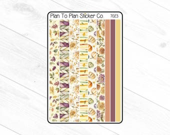 May include: A sticker sheet with a fall theme. The design includes various patterns such as leaves, pumpkins, and floral arrangements in shades of yellow, orange, and purple. The text "Plan To Plan Sticker Co. 7023" is at the top.