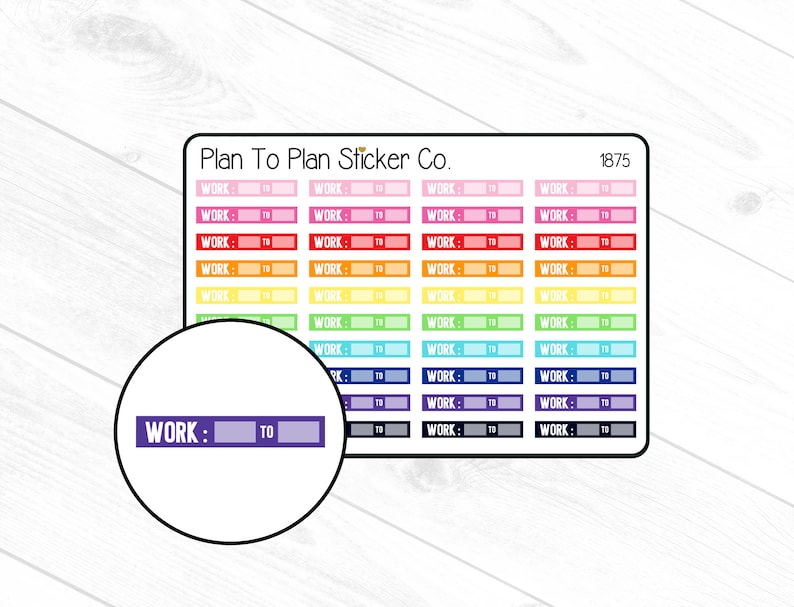 May include: A sheet of colorful stickers with the text "WORK: TO" repeated in white on each sticker. The stickers are arranged in rows of two, with each row featuring a different color. The colors include pink, red, orange, yellow, green, blue, purple, and gray.