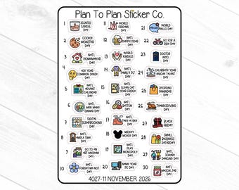 May include: A sheet of stickers from Plan To Plan Sticker Co. features colorful illustrations for various days of the month, including "Cookie Monster Day" and "Thanksgiving Day." The stickers are labeled with dates and the year 2026.