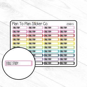May include: A sheet of colorful stickers with the text "Plan To Plan Sticker Co." and "2268-5" at the top. The stickers are rectangular and have a white background with black text that reads "BIBLE STUDY:". Each sticker has a different colored border.