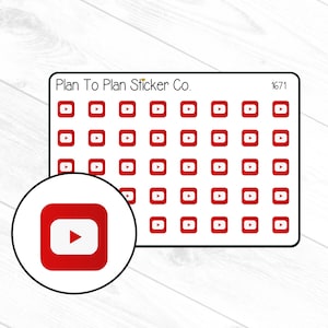 May include: A sheet of 64 red YouTube play button stickers. The stickers are arranged in an 8x8 grid. The sheet is white with black text that reads "Plan To Plan Sticker Co." and "1671".
