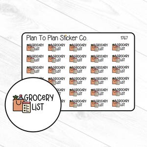 May include: Sheet of stickers featuring a grocery list theme. Each sticker has a shopping bag, a grocery list, and the words "Grocery List." The stickers are in shades of brown, pink, and black. The text "Plan To Plan Sticker Co." is at the top.