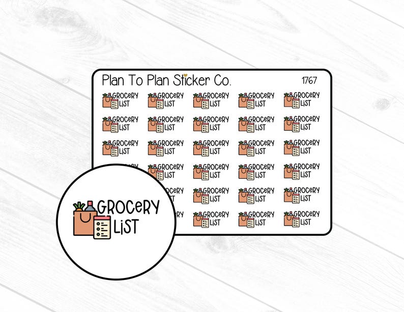 May include: Sheet of stickers featuring a grocery list theme. Each sticker has a shopping bag, a grocery list, and the words "Grocery List." The stickers are in shades of brown, pink, and black. The text "Plan To Plan Sticker Co." is at the top.