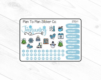 Könnte beinhalten: Ein blauer und weißer Planer-Aufkleberbogen mit dem Wort "Januar" in einer dekorativen Schriftart. Der Bogen enthält einen Kalender mit den Wochentagen und den Zahlen 1 bis 31. Es gibt auch verschiedene winterliche Symbole, darunter Schneeflocken, einen Schneemann, eine Wintermütze, einen Baum und ein Paar Fäustlinge.