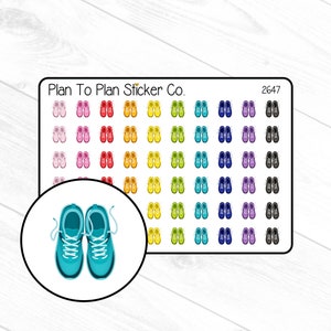 May include: A sheet of colorful running shoe stickers with a single blue running shoe sticker in the foreground. The sheet has 10 rows of 8 stickers each. The stickers are in various colors including pink, red, orange, yellow, green, blue, purple, and black. The sheet is labeled "Plan To Plan Sticker Co." and "2647".