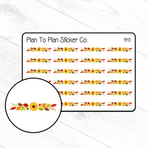 May include: A sheet of stickers featuring a repeating pattern of fall leaves and sunflowers. The stickers are designed to be used for planning and organizing. The text "Plan To Plan Sticker Co." and "1913" are printed on the sheet.