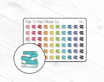 May include: A sheet of colorful stickers featuring stacks of books. The stickers are designed for planners and journals. The sheet is labeled "Plan To Plan Sticker Co." and "1505".