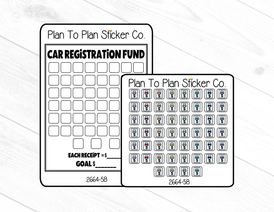 2664-58~~car Registration Fund Savings Challenge Planner Stickers. - Etsy