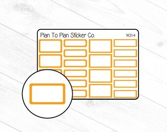 May include: A sheet of orange planner stickers with 12 blank rectangular boxes. The sheet is labeled "Plan To Plan Sticker Co." and "1431-4".