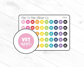 May include: A sheet of colorful round stickers with the text "VET appt." in white. The stickers are arranged in a grid pattern and are perfect for planning appointments.
