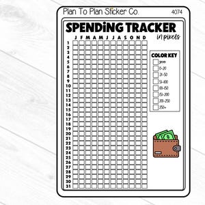 May include: A printable spending tracker sticker with a grid for each month of the year. The sticker has a color key to track spending in different ranges. The sticker also has a cartoon image of a wallet with money.