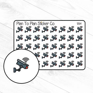 May include: Sheet of stickers featuring a repeating pattern of gray security cameras with a red lens and a Wi-Fi symbol. The text "Plan To Plan Sticker Co." and the number "1264" are printed on the sticker sheet.