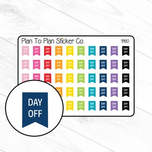 May include: A sheet of colorful stickers with the text "Day Off" in white on a blue banner. The stickers are arranged in rows of five, with each row featuring a different color: pink, red, orange, yellow, green, blue, purple, and black.