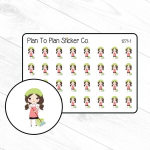 May include: Sheet of stickers featuring a cartoon character dressed as a cleaner. The character has brown hair, a green hat, a pink dress, and an apron. The stickers are arranged on a white background with the text "Plan To Plan Sticker Co."
