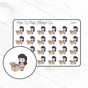 May include: Sheet of stickers featuring a cartoon woman with black hair, a pink shirt, and blue jeans, holding a box. The box contains a teddy bear and other items. The text "Plan To Plan Sticker Co." and "3144-1" are also visible.
