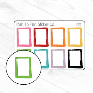 May include: A sheet of colorful square stickers with a white background. The stickers are in various colors, including pink, red, orange, yellow, turquoise, gray, and black. The stickers are outlined in black and have a rough, hand-drawn look. The text "Plan To Plan Sticker Co." is at the top of the sheet, and the number "2555" is in the top right corner.