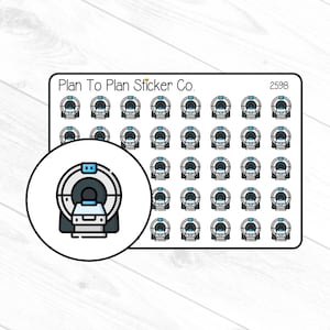 May include: A sheet of stickers featuring a CT scanner design. The stickers are in a rectangular shape with rounded corners. The stickers have a white background with a black border. The text "Plan To Plan Sticker Co." is at the top.
