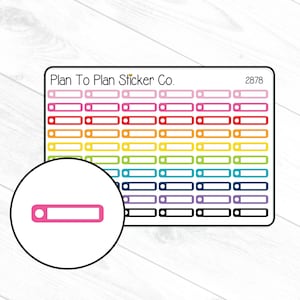 May include: A sheet of colorful planner stickers with the text "Plan To Plan Sticker Co." and the number "2878". The stickers are rectangular with a small circle on the left side, in a variety of colors including pink, red, orange, yellow, green, blue, and purple.