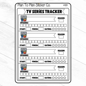 May include: A white sticker with a black border featuring a TV series tracker design. The sticker includes sections for tracking episodes, start and finish dates, season, and a rating system. The text "TV SERIES TRACKER" is at the top.