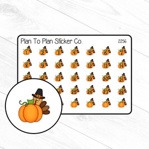 May include: A sheet of 28 stickers featuring a Thanksgiving turkey design. Each sticker is a brown turkey with a black hat and a pumpkin with a number from 1 to 28. The stickers are on a white background with the text "Plan To Plan Sticker Co." and "2256".