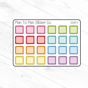 May include: A sticker sheet with 20 colorful square stickers. Each sticker has a scalloped border and a solid color center. The colors include pink, red, orange, yellow, green, blue, and purple. The text "Plan To Plan Sticker Co." and "2008-3" are at the top.