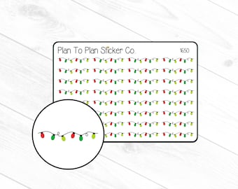 May include: A sheet of stickers featuring a repeating pattern of red and green Christmas lights. The sheet is labeled "Plan To Plan Sticker Co." and "1650".