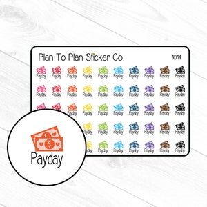 May include: A sheet of 1014 colorful stickers featuring a stack of money with the word "Payday" printed on each sticker. The stickers are arranged in a grid pattern and are perfect for planners, journals, and other creative projects.