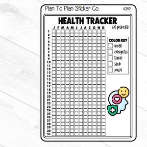 May include: Black and white health tracker sticker with a grid for each month of the year. The sticker includes a color key with icons and labels for well, energetic, tired, sick, and pain.