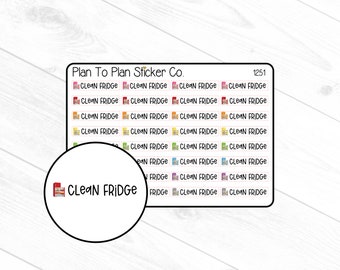 May include: A sheet of colorful stickers with the text "Plan To Plan Sticker Co." and "Clean Fridge" repeated multiple times. The stickers are in various colors, including red, orange, yellow, green, blue, and purple. The sheet also includes a large circle sticker with the text "Clean Fridge" in black.