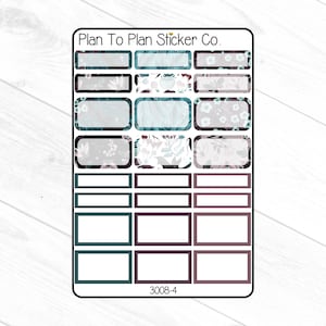 Puede incluir: Una hoja de pegatinas con pegatinas rectangulares y rect&aacute;ngulos redondeados. Algunas pegatinas tienen patrones florales en blanco, verde azulado y morado. El texto "Plan To Plan Sticker Co." est&aacute; en la parte superior. La hoja de pegatinas tiene el n&uacute;mero "3008-4" en la parte inferior.