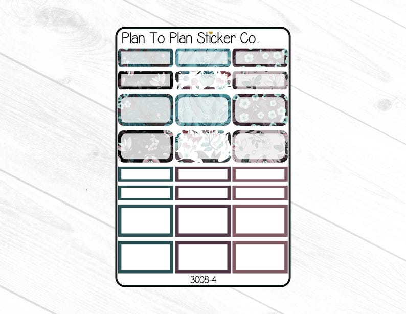 Puede incluir: Una hoja de pegatinas con pegatinas rectangulares y rect&aacute;ngulos redondeados. Algunas pegatinas tienen patrones florales en blanco, verde azulado y morado. El texto "Plan To Plan Sticker Co." est&aacute; en la parte superior. La hoja de pegatinas tiene el n&uacute;mero "3008-4" en la parte inferior.