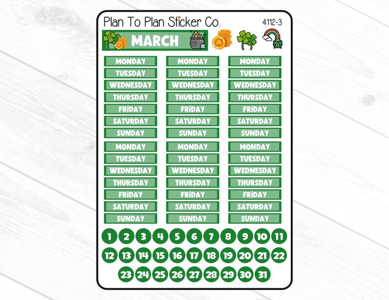 Puede incluir: Una hoja de pegatinas con tem&aacute;tica del D&iacute;a de San Patricio. La hoja presenta la palabra "MARZO" y pegatinas de calendario con los d&iacute;as de la semana y las fechas del 1 al 31. El verde y el blanco son los colores principales, con tr&eacute;boles y arco&iacute;ris.