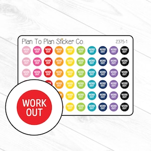 May include: A sheet of colorful round stickers with the text "WORK OUT" in white. The stickers are arranged in a grid pattern with a rainbow color scheme. The sheet is labeled "Plan To Plan Sticker Co." and "2375-1".