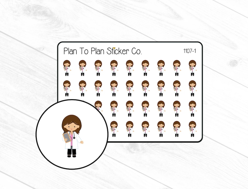 May include: A sheet of 36 stickers featuring a cartoon doctor with brown hair, wearing a white coat and holding a clipboard. The stickers are arranged in a grid pattern and are labeled "Plan To Plan Sticker Co." and "1107-1".