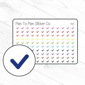 May include: A sheet of rainbow colored checkmark stickers with the text "Plan To Plan Sticker Co." and "1101".