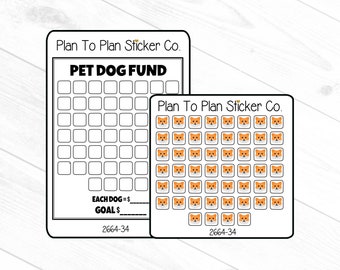 May include: A printable chart for saving up for a pet dog. The chart has a grid of squares with the text "Pet Dog Fund" at the top. The chart also includes the text "Each Dog = $" and "Goal $". There is a smaller chart with a grid of squares filled with orange and white dog icons. Both charts have the text "Plan To Plan Sticker Co." and the number "2664-34".