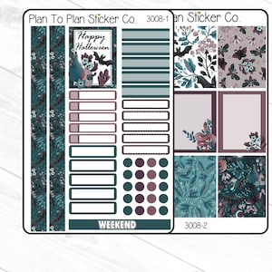 Puede incluir: Una hoja de pegatinas para planificador con tem&aacute;tica de Halloween. Las pegatinas presentan patrones florales, rect&aacute;ngulos en blanco y c&iacute;rculos en verde azulado, morado y blanco. El texto incluye "Happy Halloween" y "Weekend".