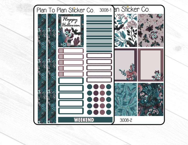 Puede incluir: Una hoja de pegatinas para planificador con tem&aacute;tica de Halloween. Las pegatinas presentan patrones florales, rect&aacute;ngulos en blanco y c&iacute;rculos en verde azulado, morado y blanco. El texto incluye "Happy Halloween" y "Weekend".