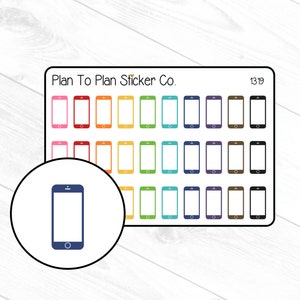 May include: A sheet of colorful phone stickers with a blue phone icon in a circle. The stickers are arranged in rows of 6 and are in various colors, including pink, red, orange, yellow, green, blue, purple, brown, and black. The text "Plan To Plan Sticker Co." is at the top of the sheet, and the number "1319" is in the top right corner.