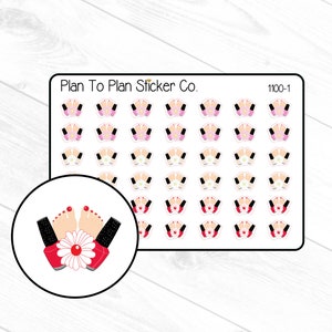 May include: A sheet of 36 stickers featuring a design of a pair of feet wearing red shoes with a white flower. The stickers are white with a black outline. The sheet is labeled "Plan To Plan Sticker Co." and "1100-1".