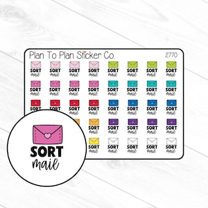 May include: A sheet of colorful stickers with the text "Sort Mail" and an image of an envelope with a heart. The stickers are arranged in a grid pattern and are perfect for planners and journals.