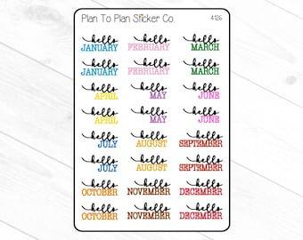 May include: A sheet of colorful planner stickers with the words "hello" and the months of the year. Each month is written in a different color, including blue, pink, green, yellow, purple, and red. The stickers are from Plan To Plan Sticker Co.