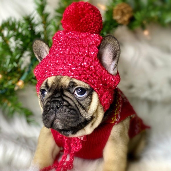 Holiday Knit Crochet pet Hats, beanie toque pompom beanie Xmas Colors French Bulldog Puppy dog photo props